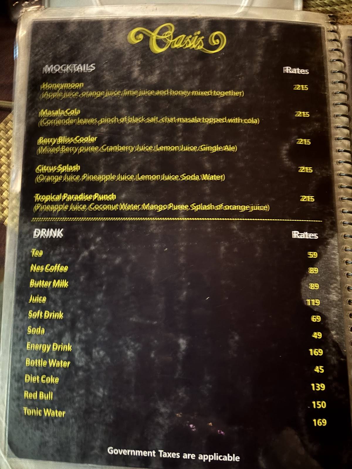 OASIS RESTAURANT, BAR & BANQUETS menu