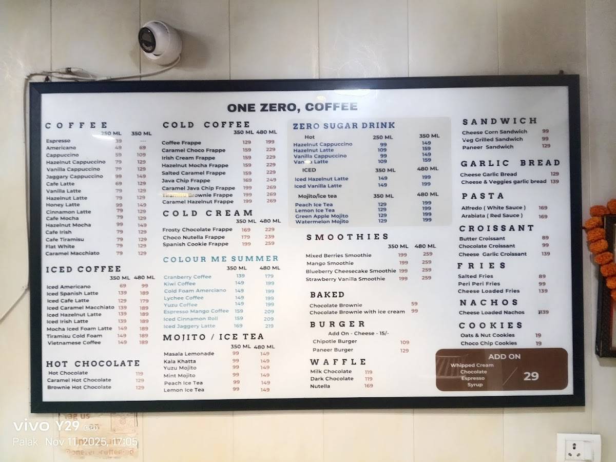 One zero, Coffee menu