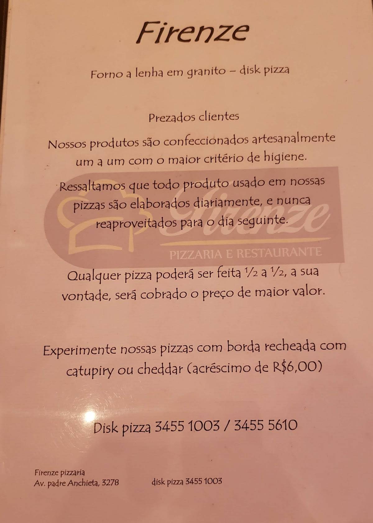 Pizzaria e Restaurante Firenze cardápio