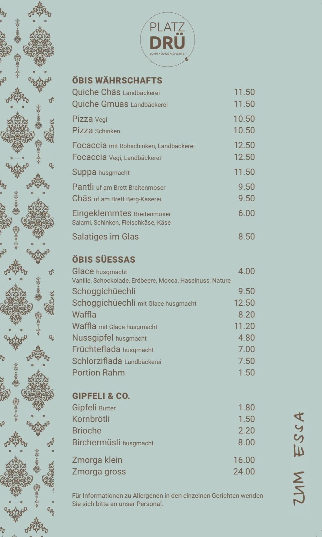 Menu di PLATZ DRÜ 
