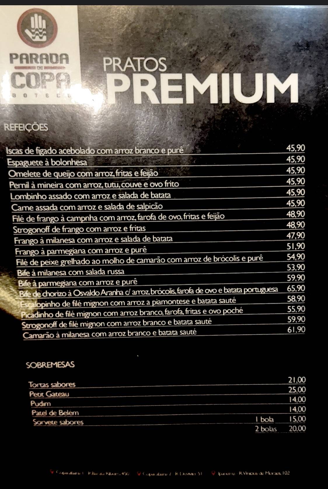 Parada De Copa cardápio