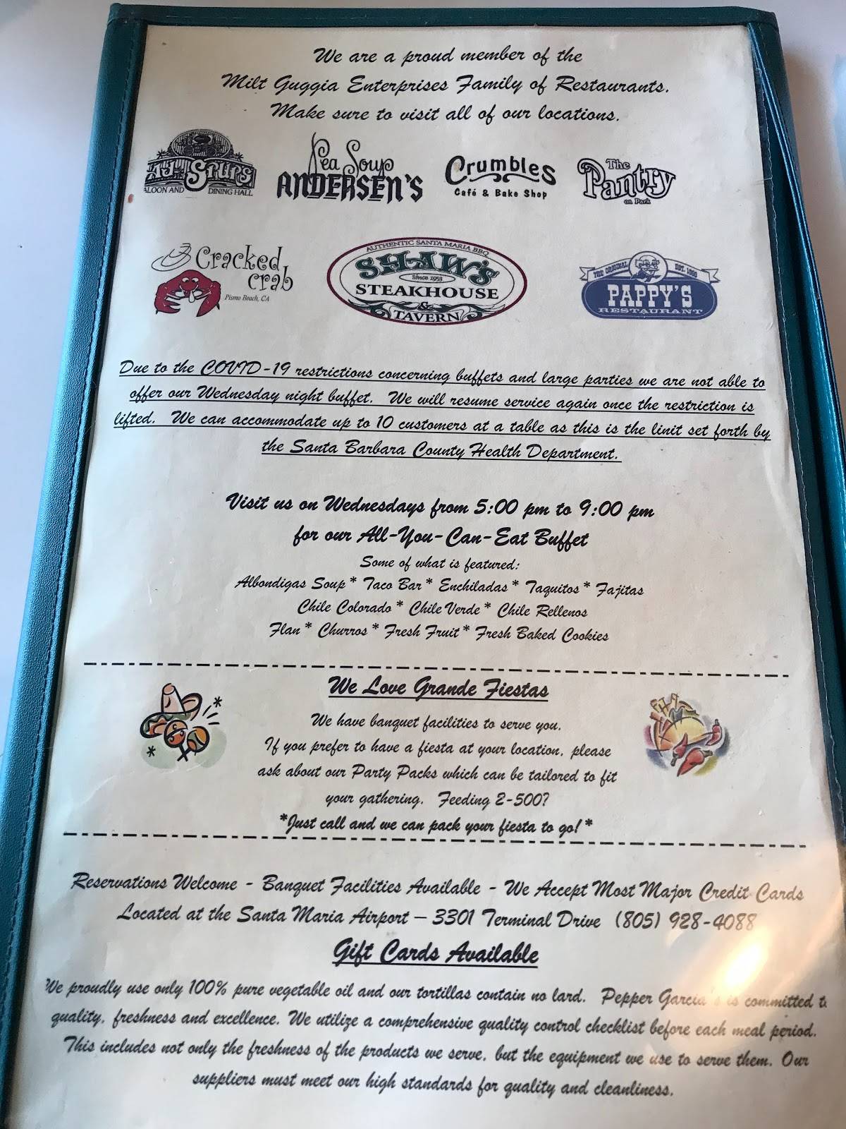 Menu at Pepper Garcia's restaurant, Santa Maria
