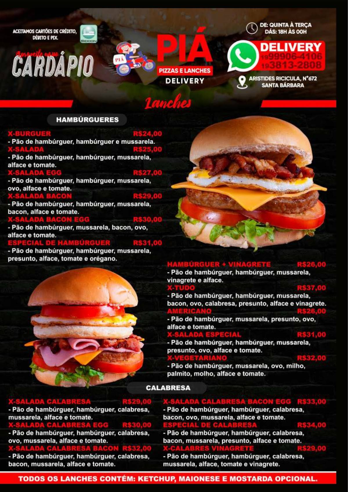 Piá Pizzaria, Restaurante e Lanchonete cardápio