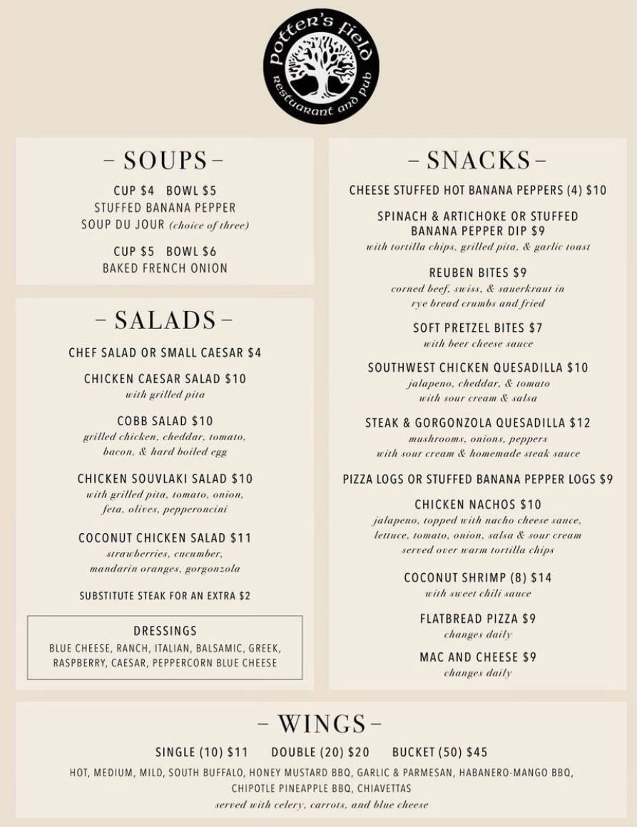 Menu at Potters Field Restaurant & Pub, Buffalo