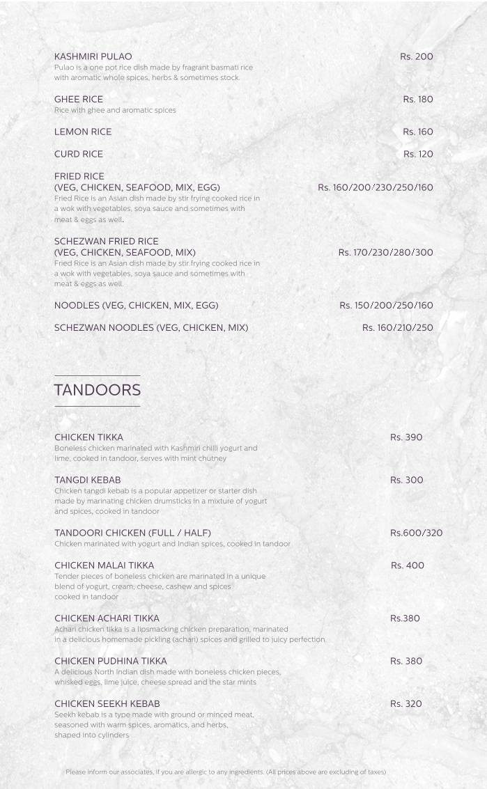 Rainfall Restaurant menu