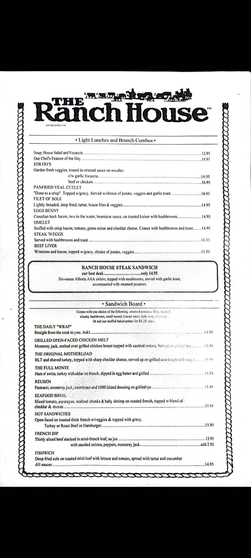 Menu at Ranch House Restaurant & Bar, Red Deer