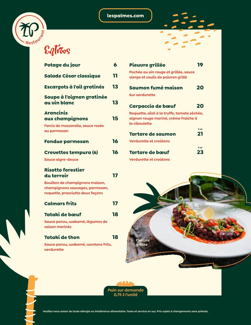 Menu de Les Palmes