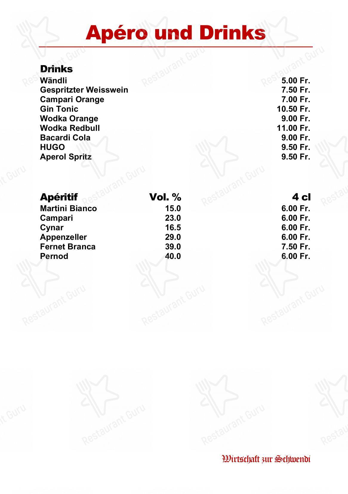 Menu di Restaurant Schwendi - Коктейльная карта