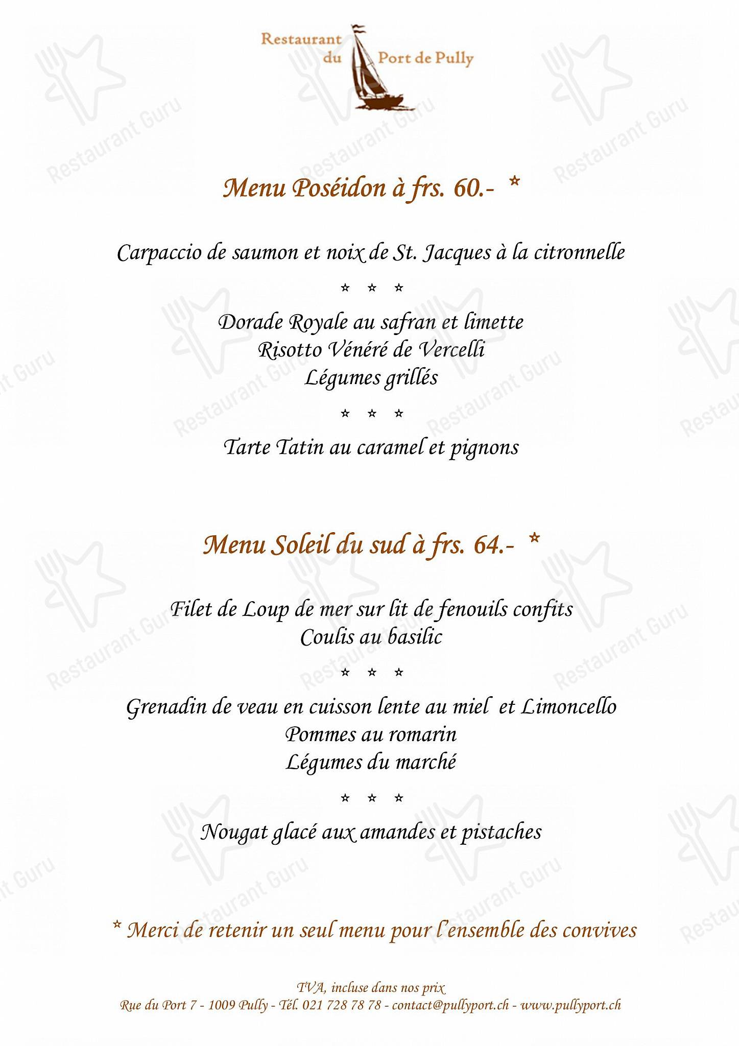 Sunday Lunch Sample Menu per Restaurant du Port de Pully in Pully
