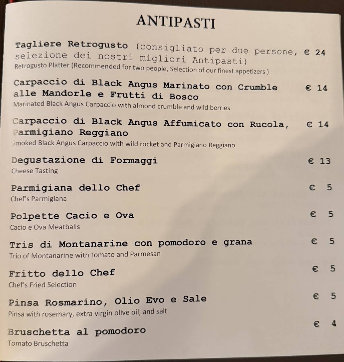 Menu di RétroGusto 