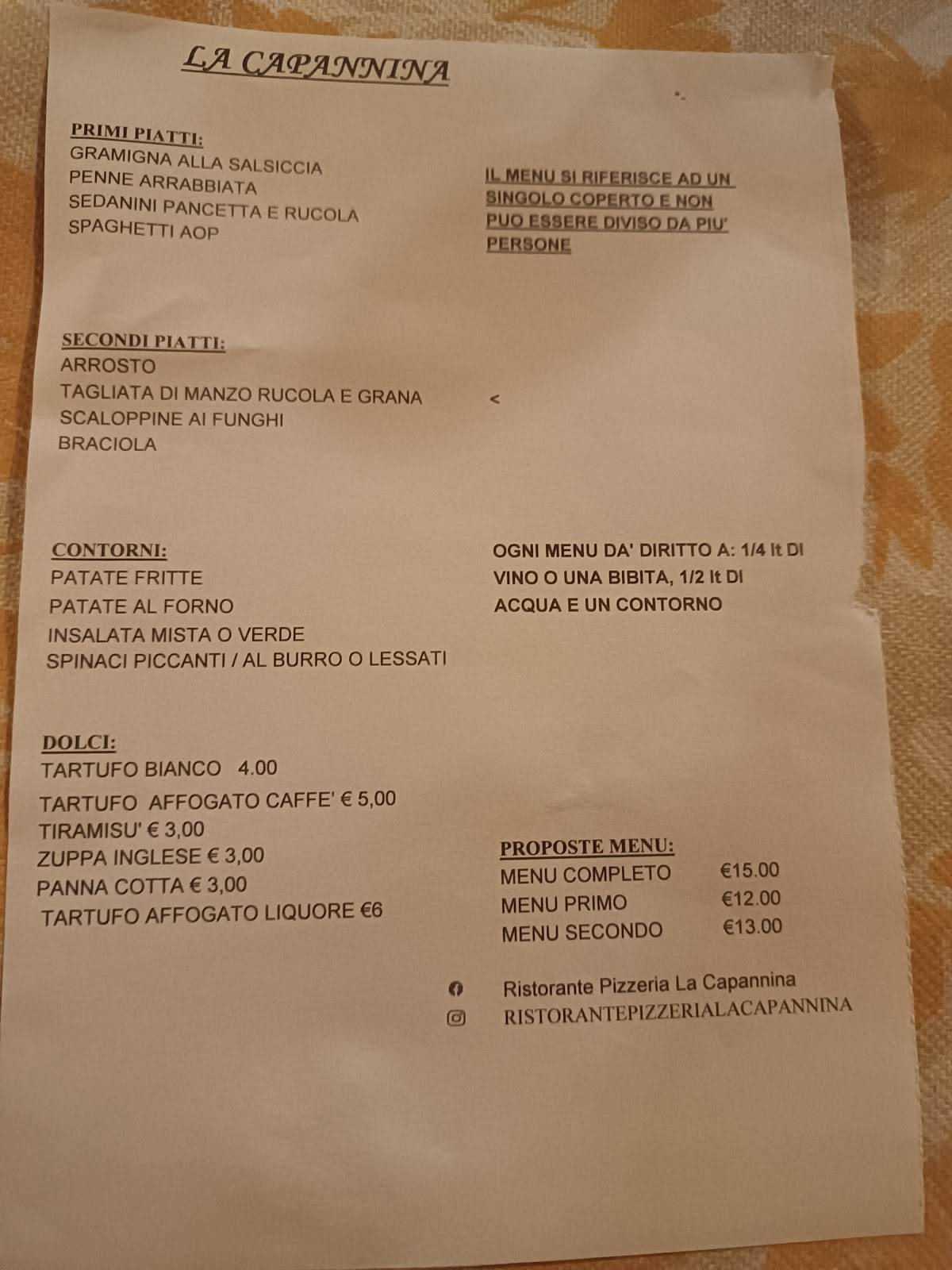 Menu di Ristotante Pizzeria La Capannina 