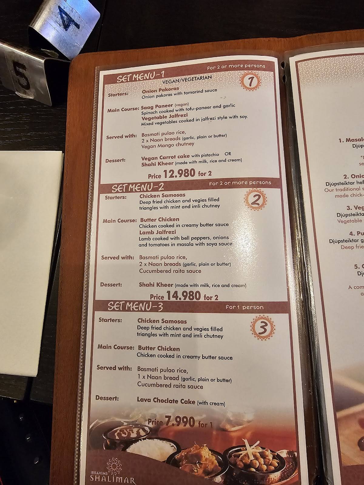 Menu de SHALIMAR PAKISTANI CUISINE