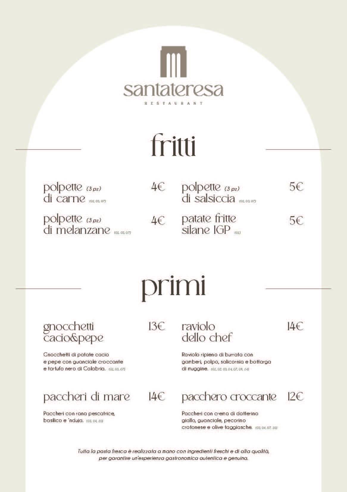 Menu di Santateresa Restaurant 