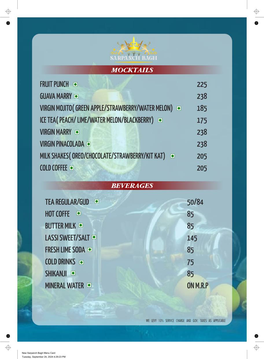 Sarpanch Bagh - A Modern Village Restaurant menu