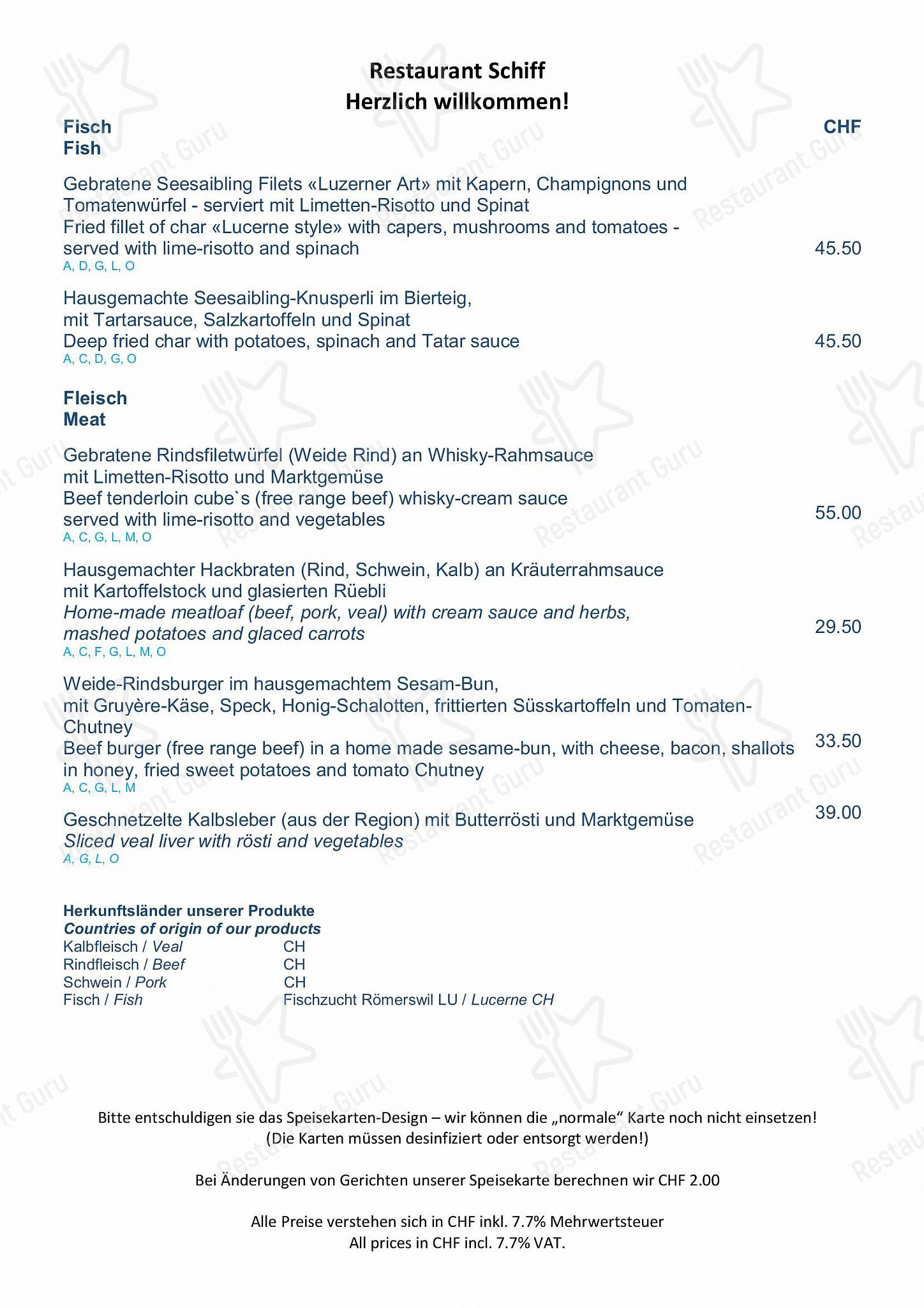 Takeaway Menu per Restaurant Schiff & Catering in Zugo