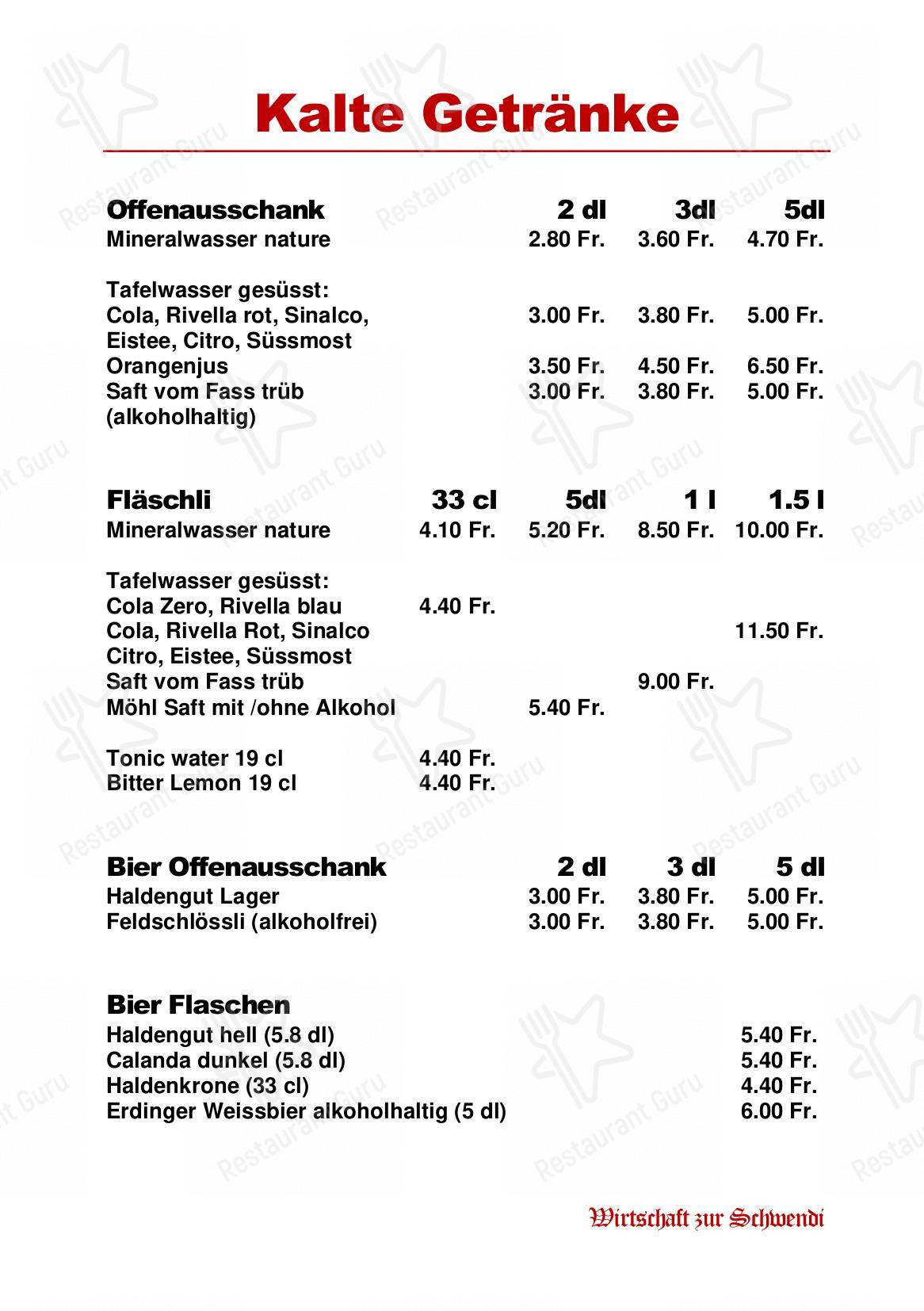 Menu di Restaurant Schwendi - Коктейльная карта