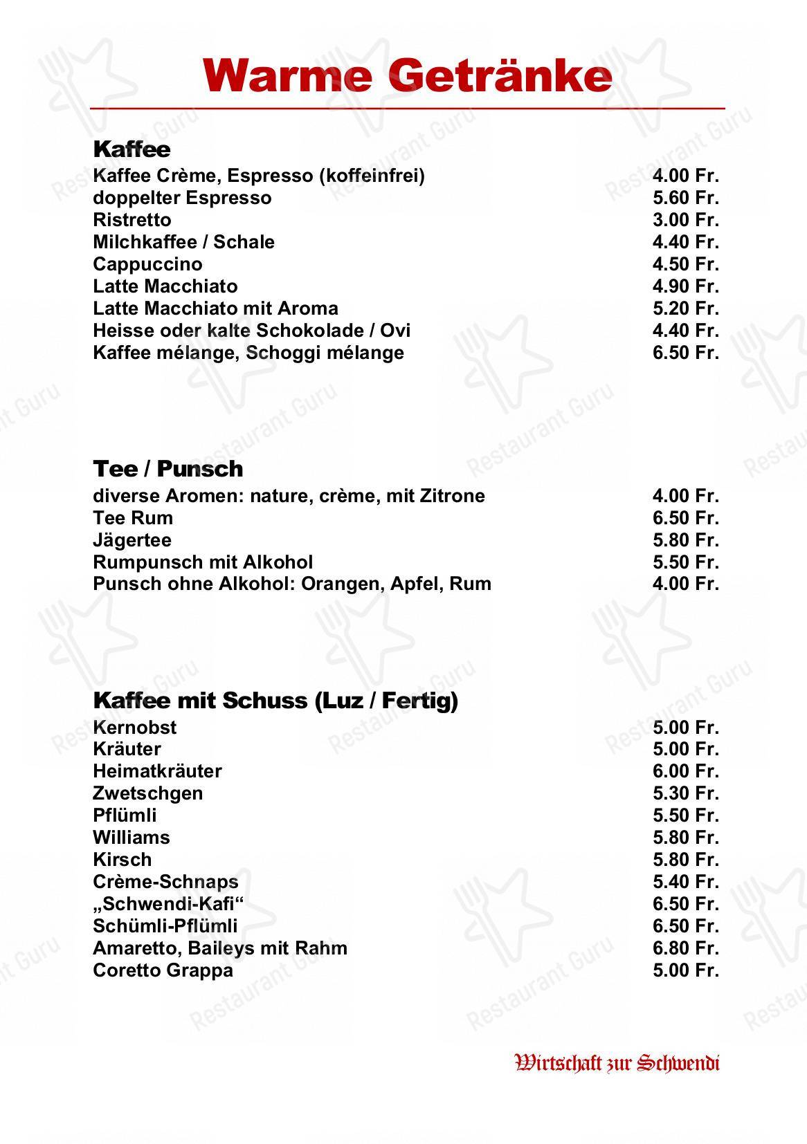 Menu di Restaurant Schwendi - Коктейльная карта