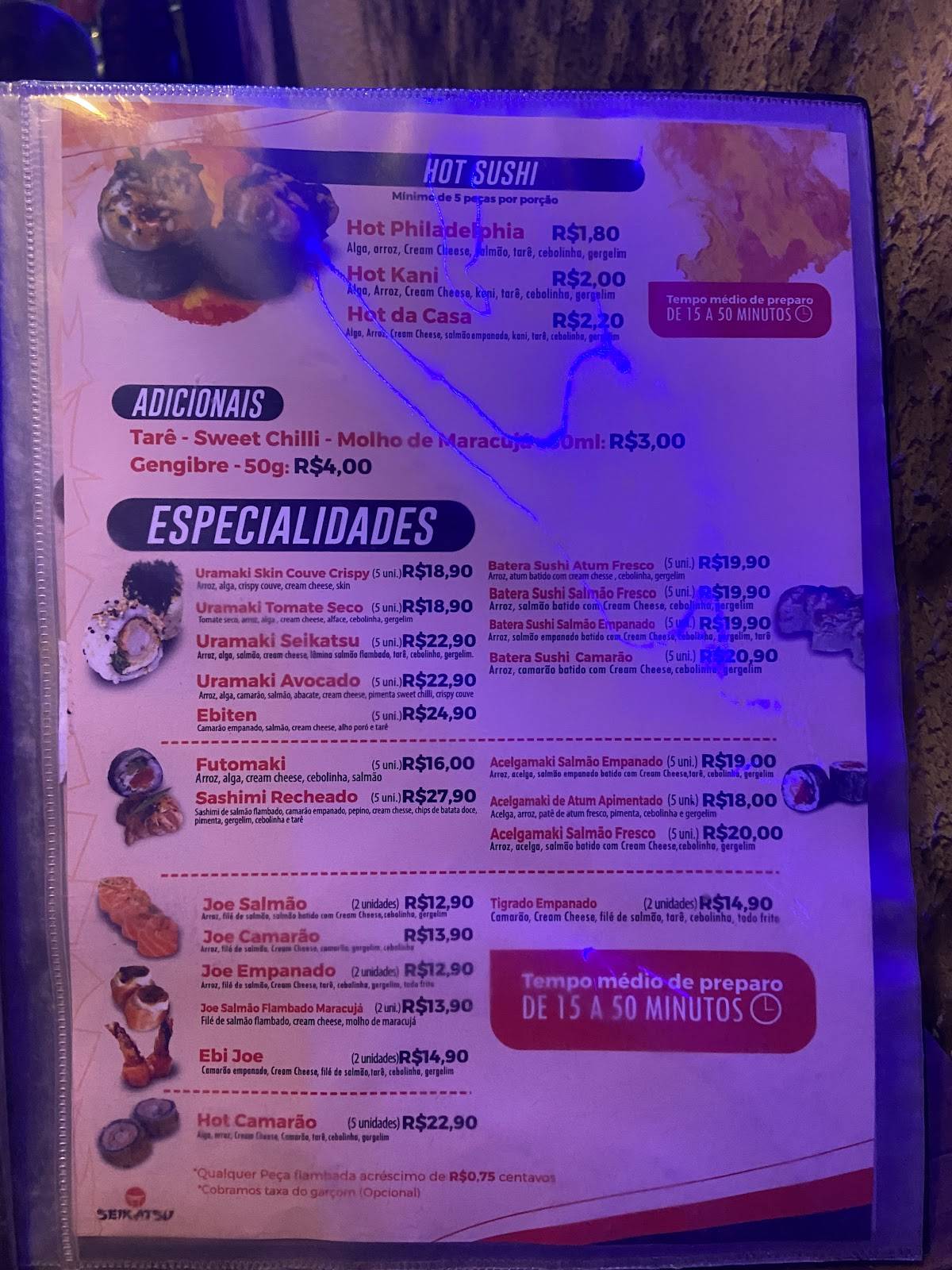 Seikatsu Sushibar e Petiscaria cardápio
