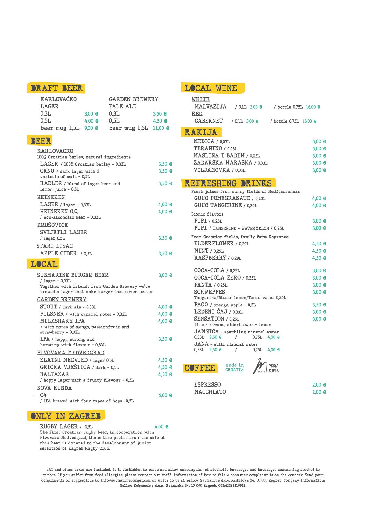 Menu di Submarine Burger Tkalčićeva 