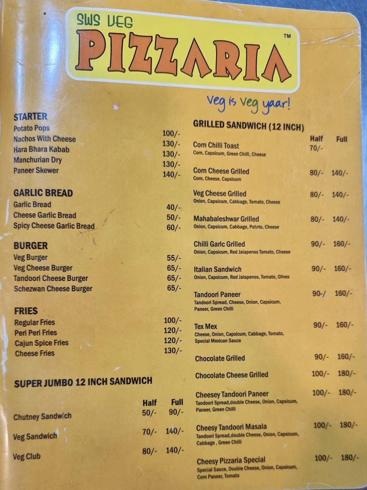 Sws Veg Pizzaria-now- The Good Crust menu