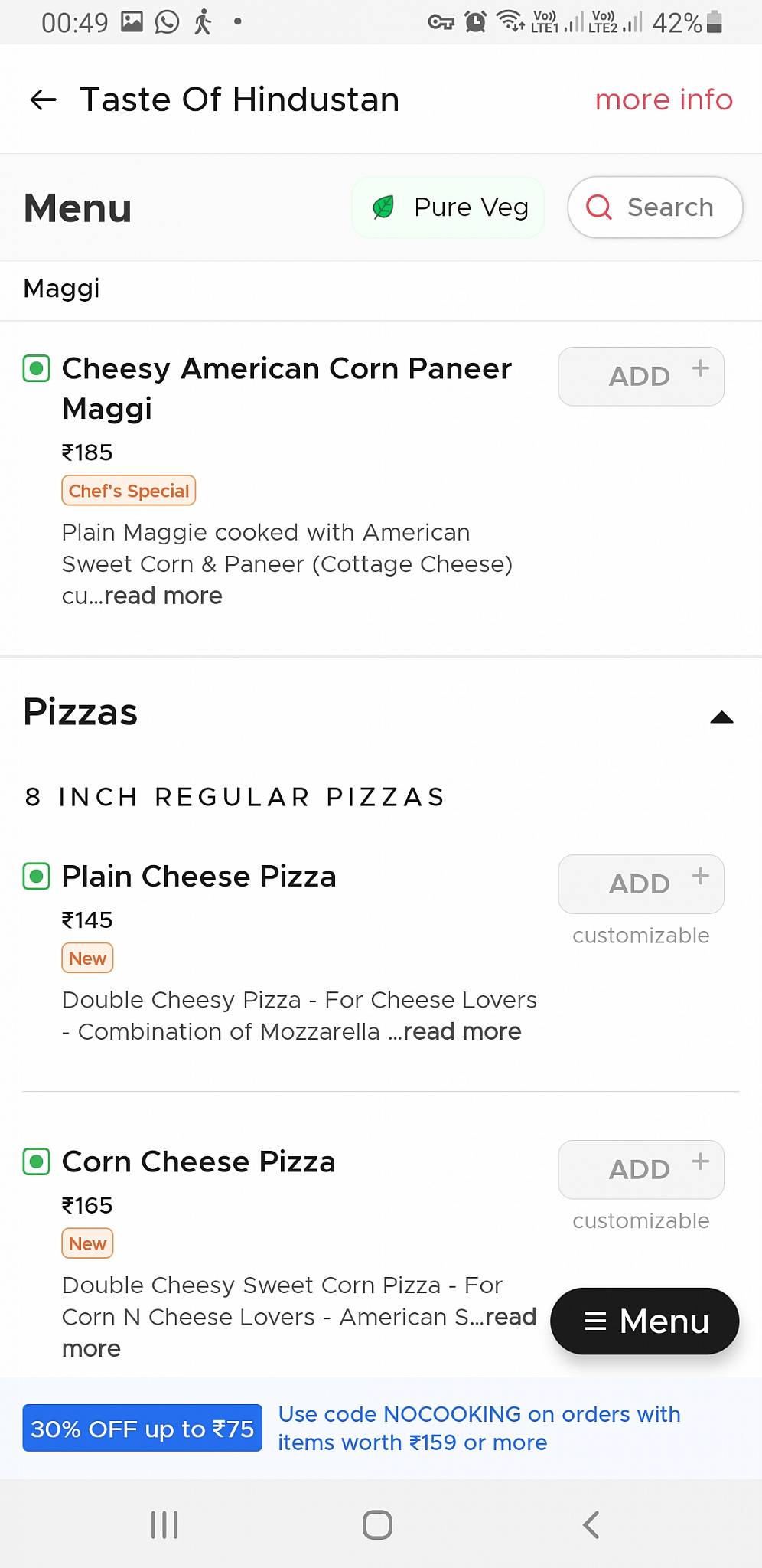 Taste of Hindustan menu