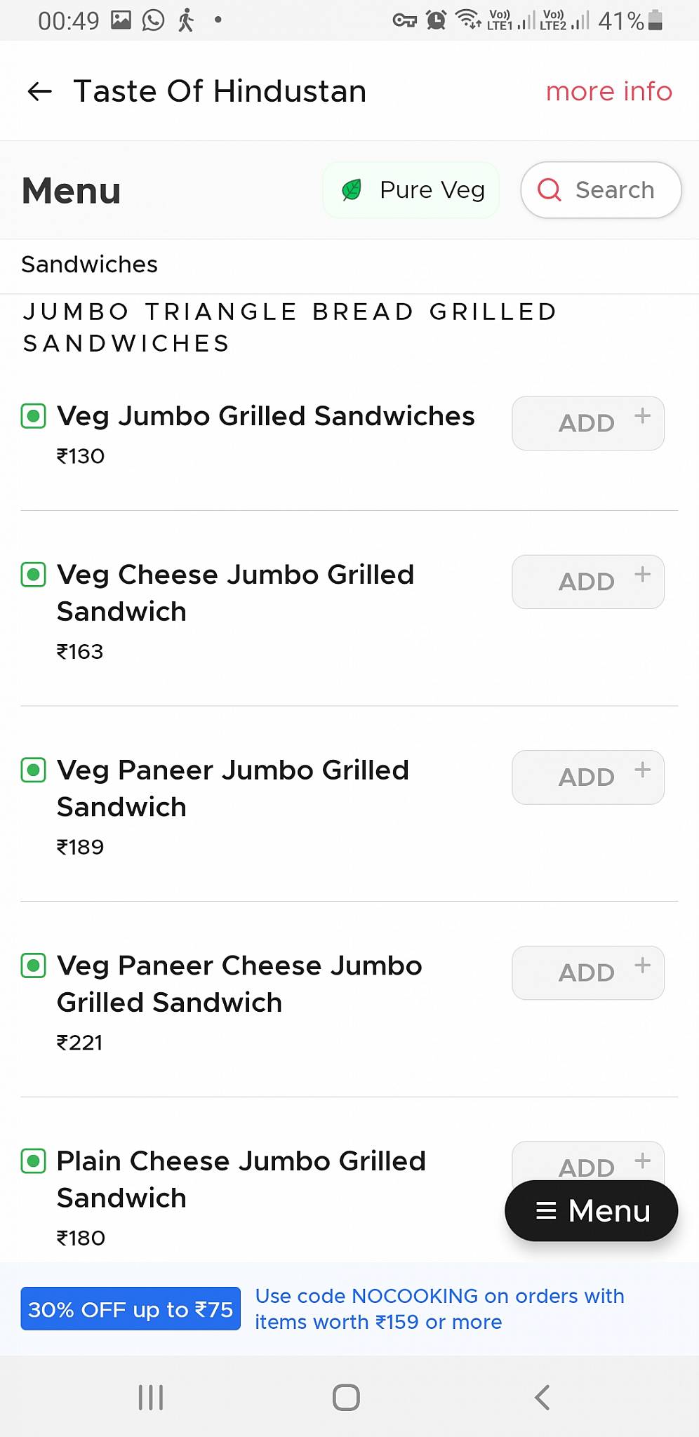 Taste of Hindustan menu