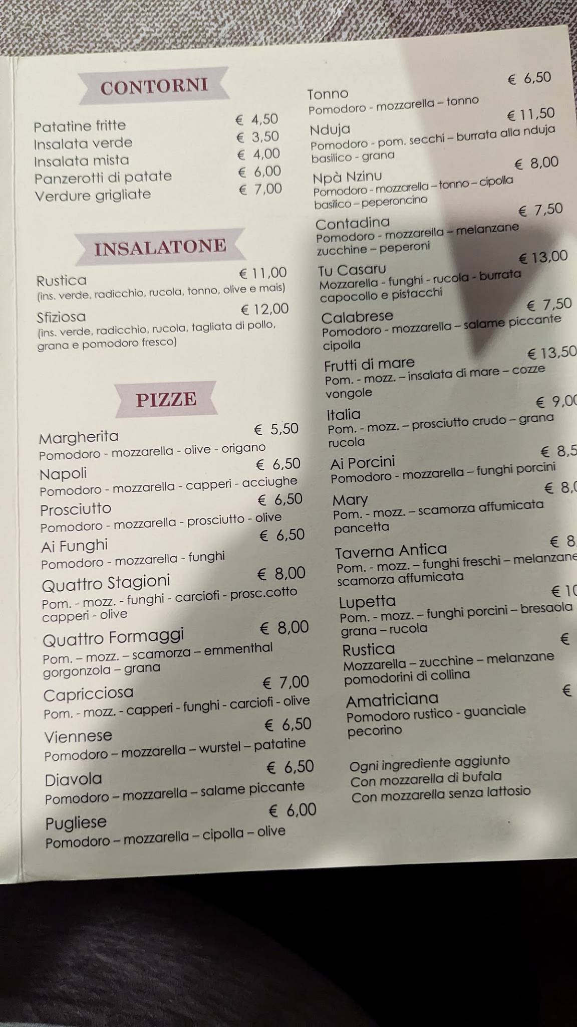 Menu di Taverna Antica 