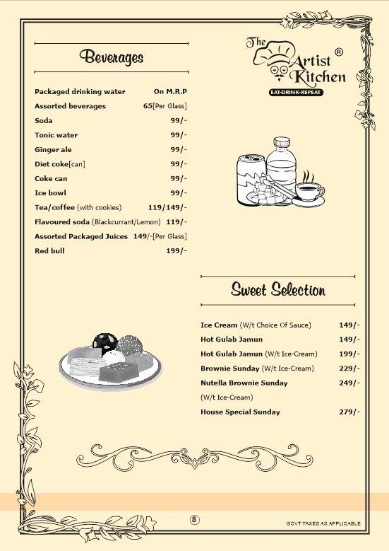 The Artist's kitchen menu