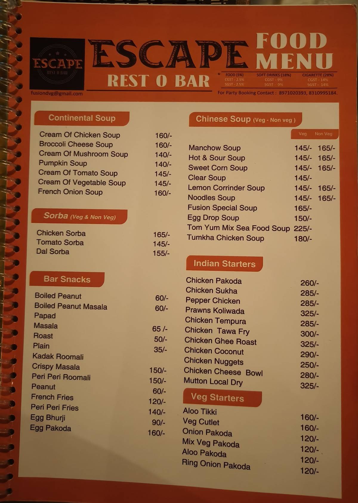 The Escape ( Rest O Bar) menu