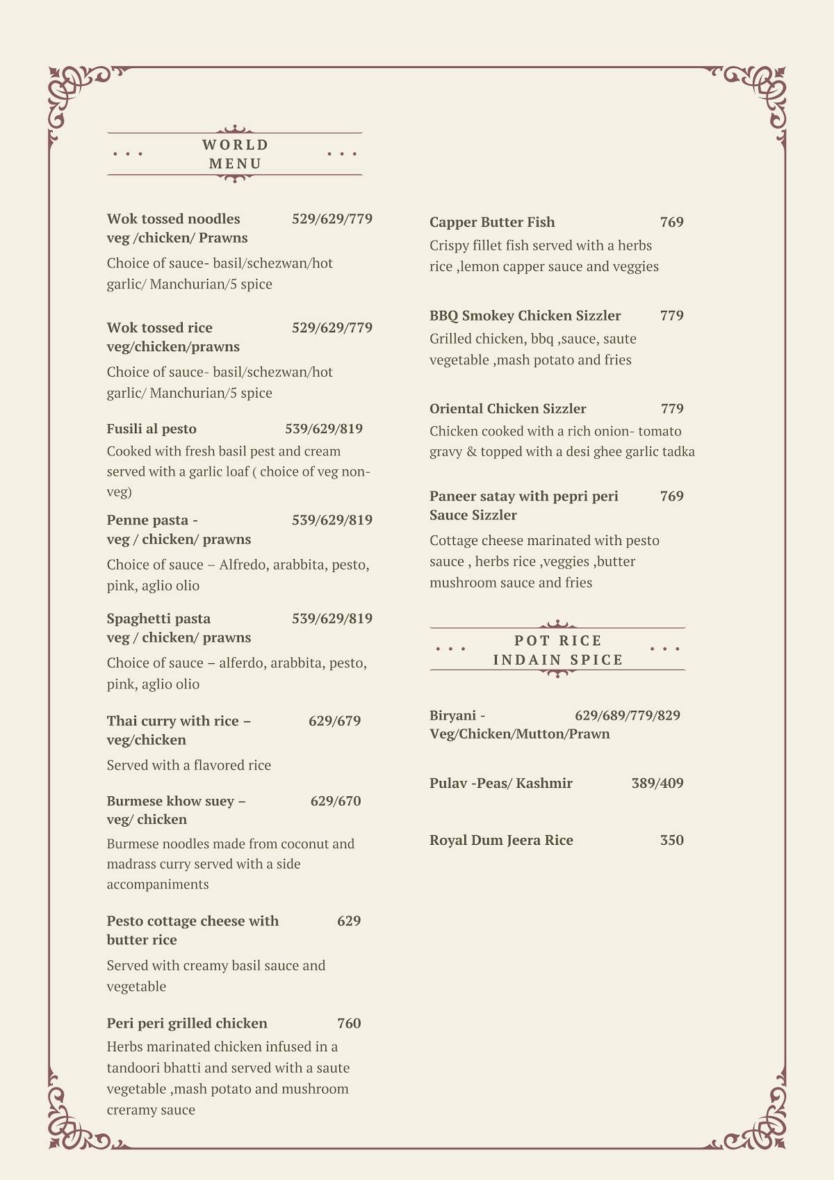 The Old Mansion menu