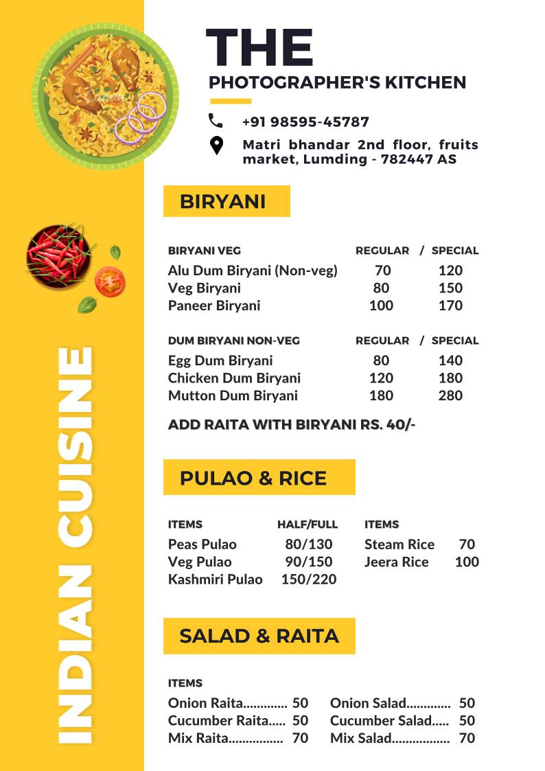 The Photographer's Kitchen menu