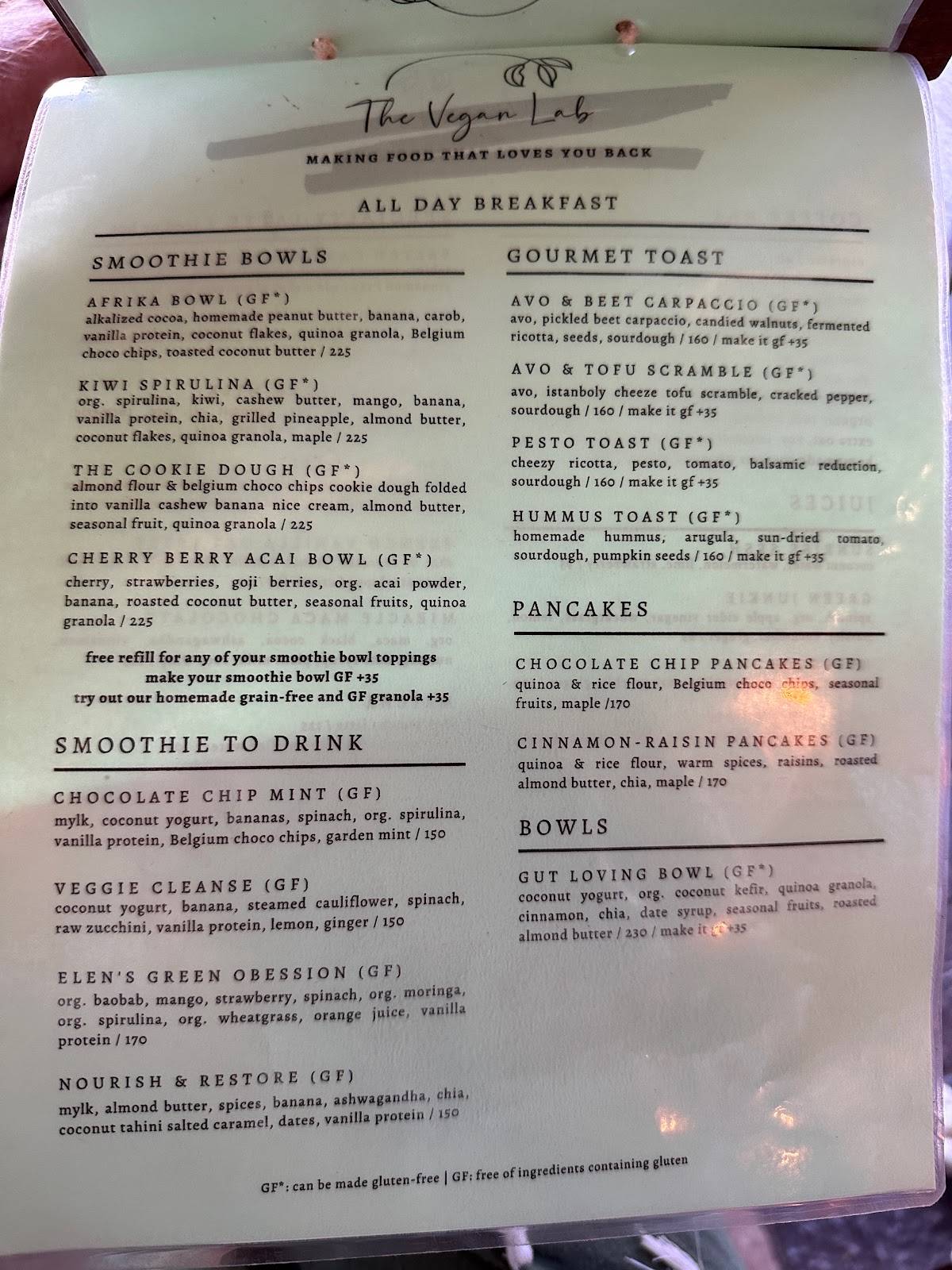 Menu de The Vegan Lab