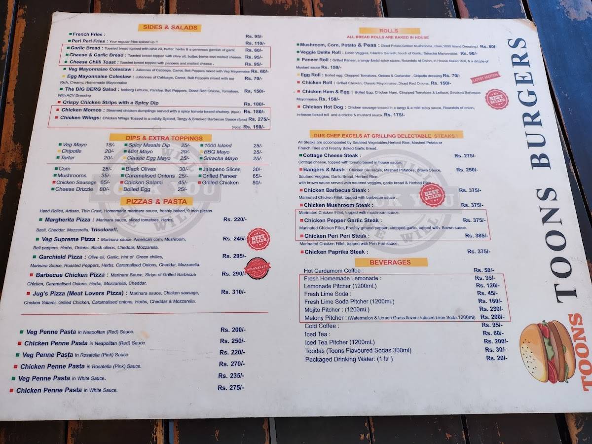 Toons Burgers menu