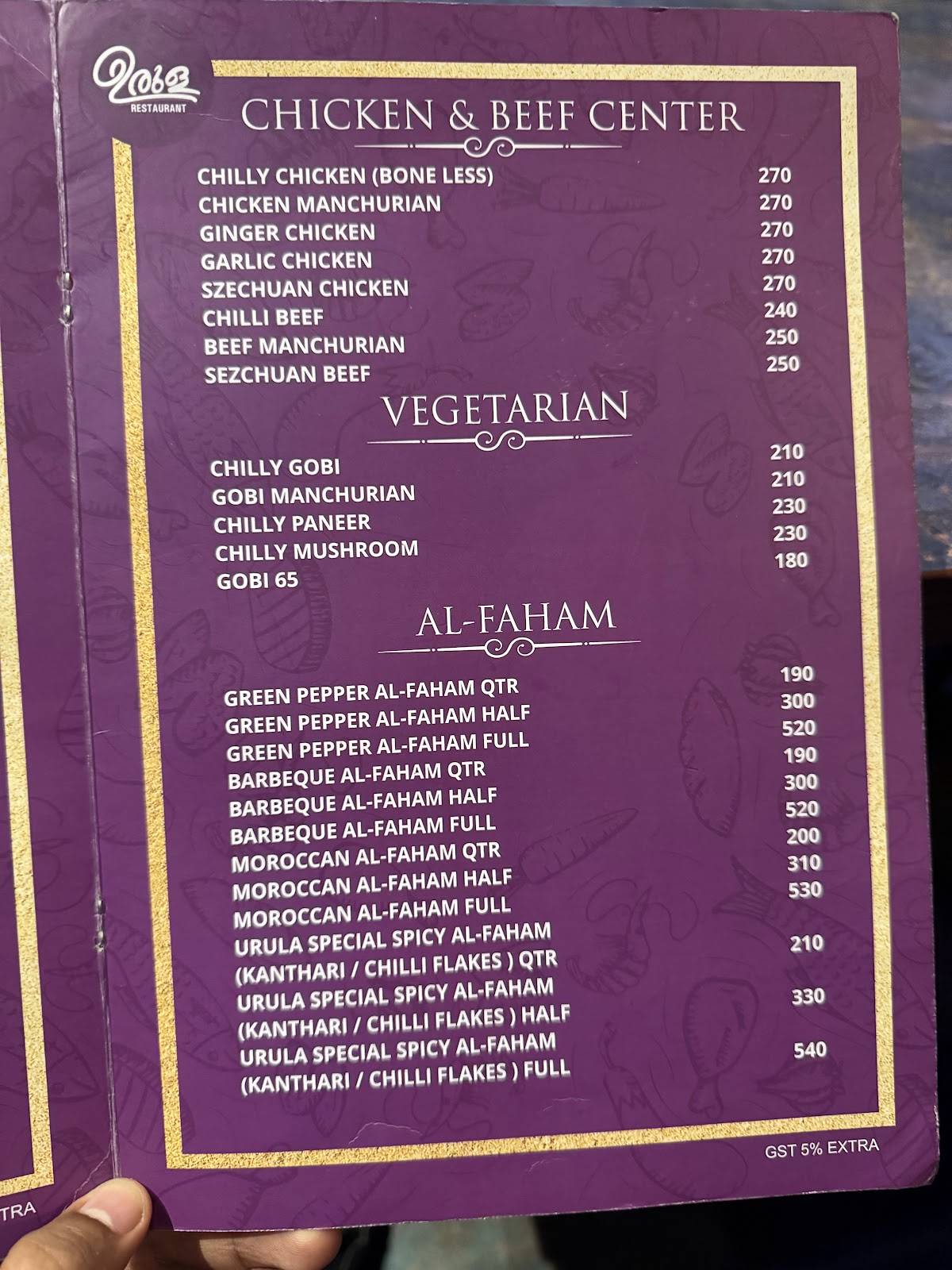 Urula Restaurant Kakkanad menu