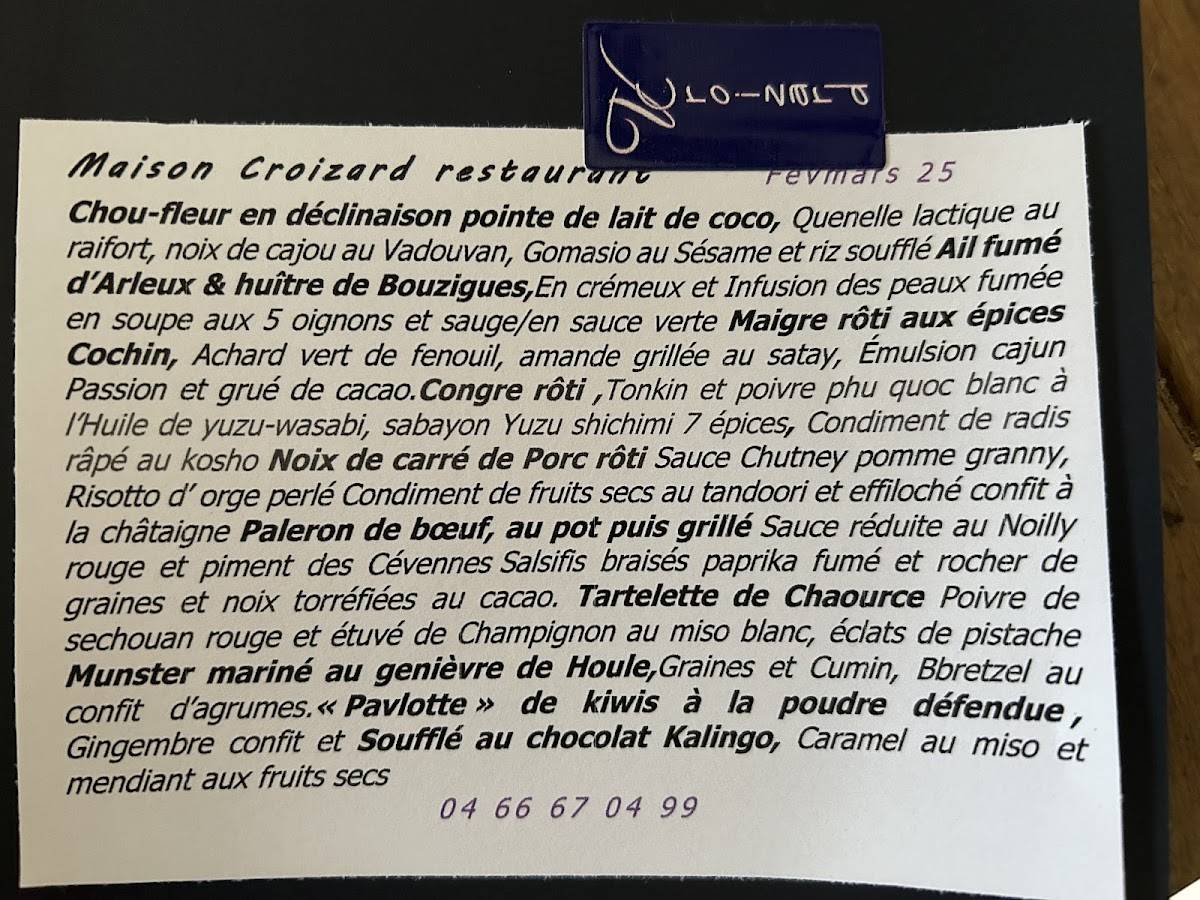 Menu de Restaurant Vincent Croizard