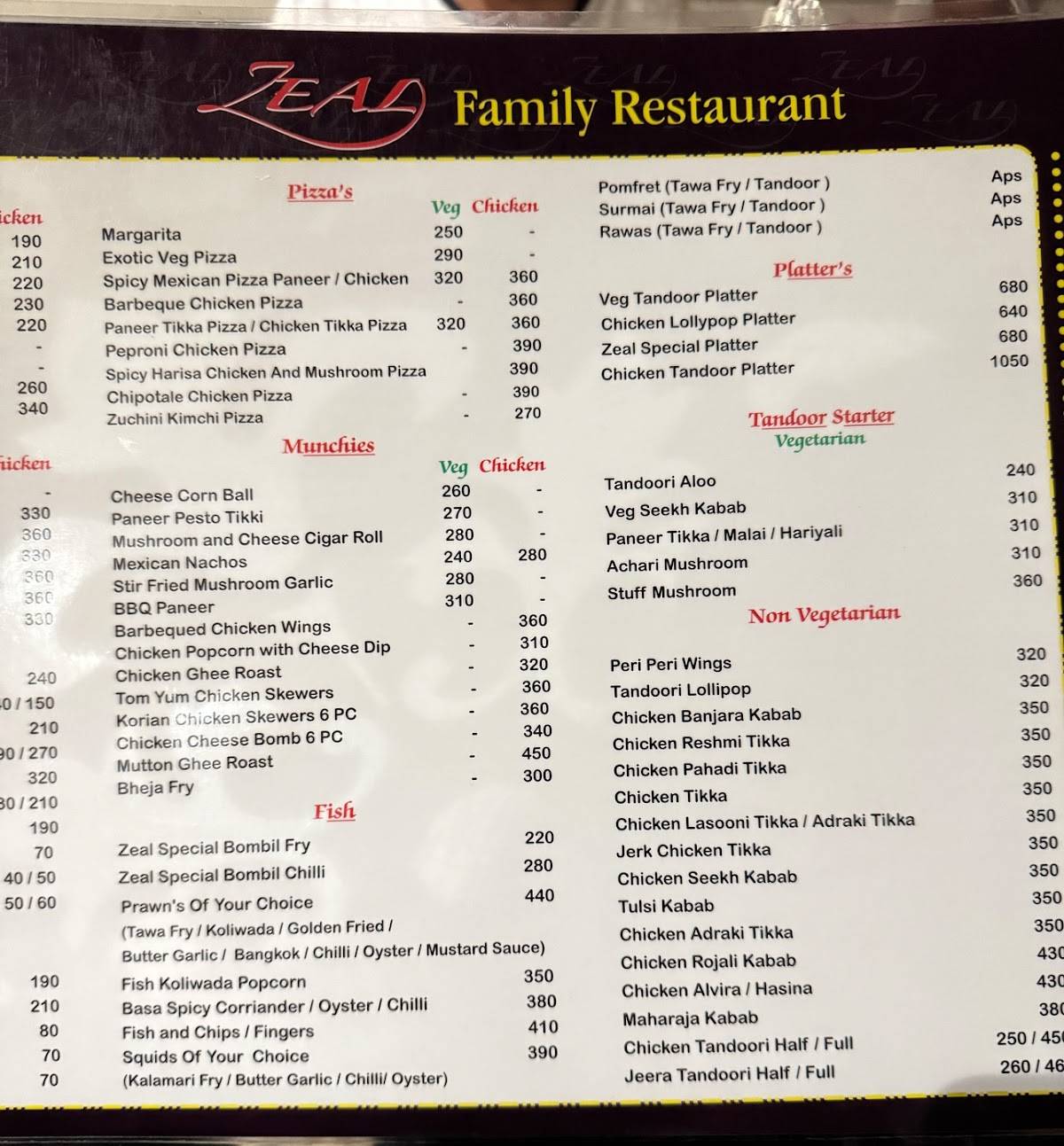 Zeal Family restaurant menu