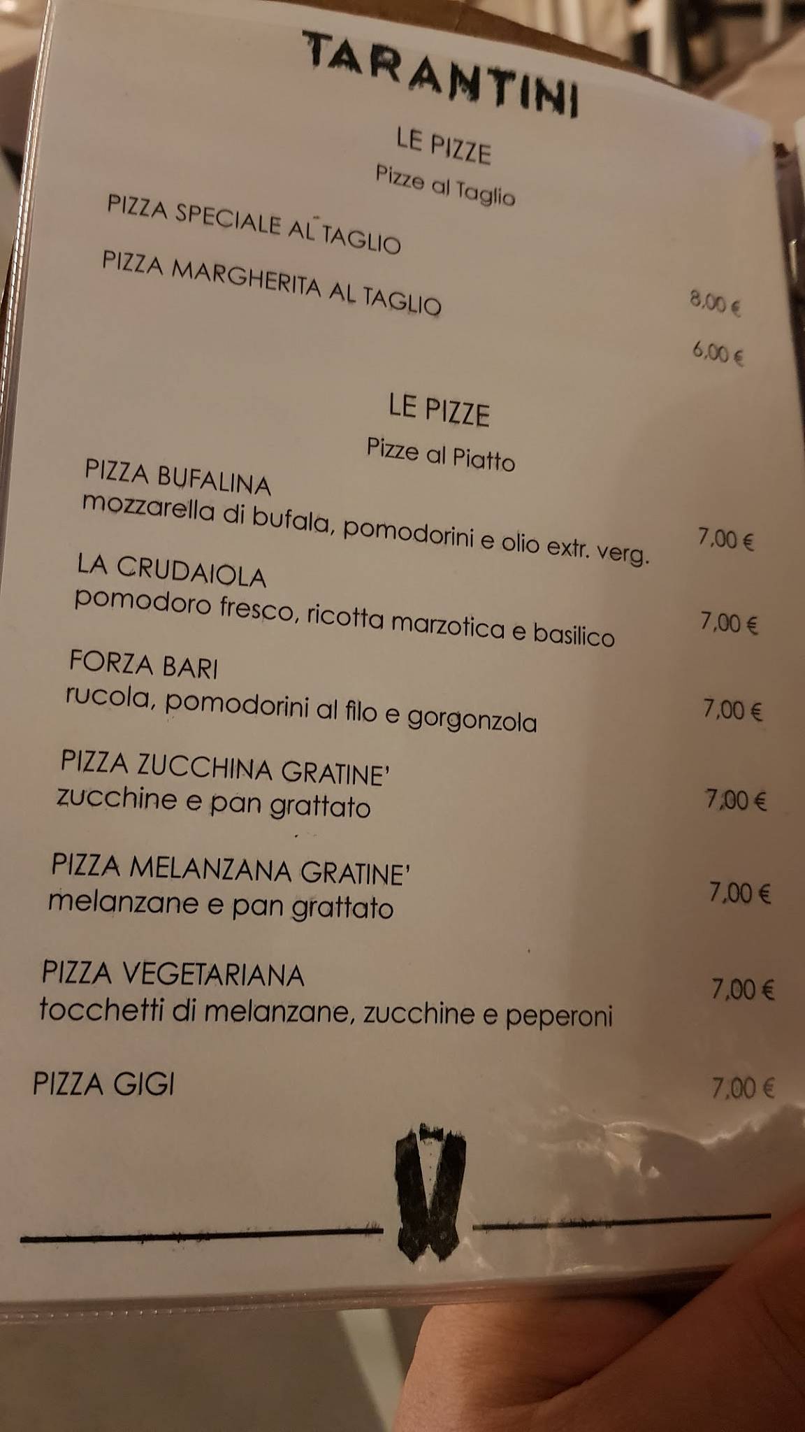 Menu di Pizzeria Ristorante Tarantini al Cancello Rotto 