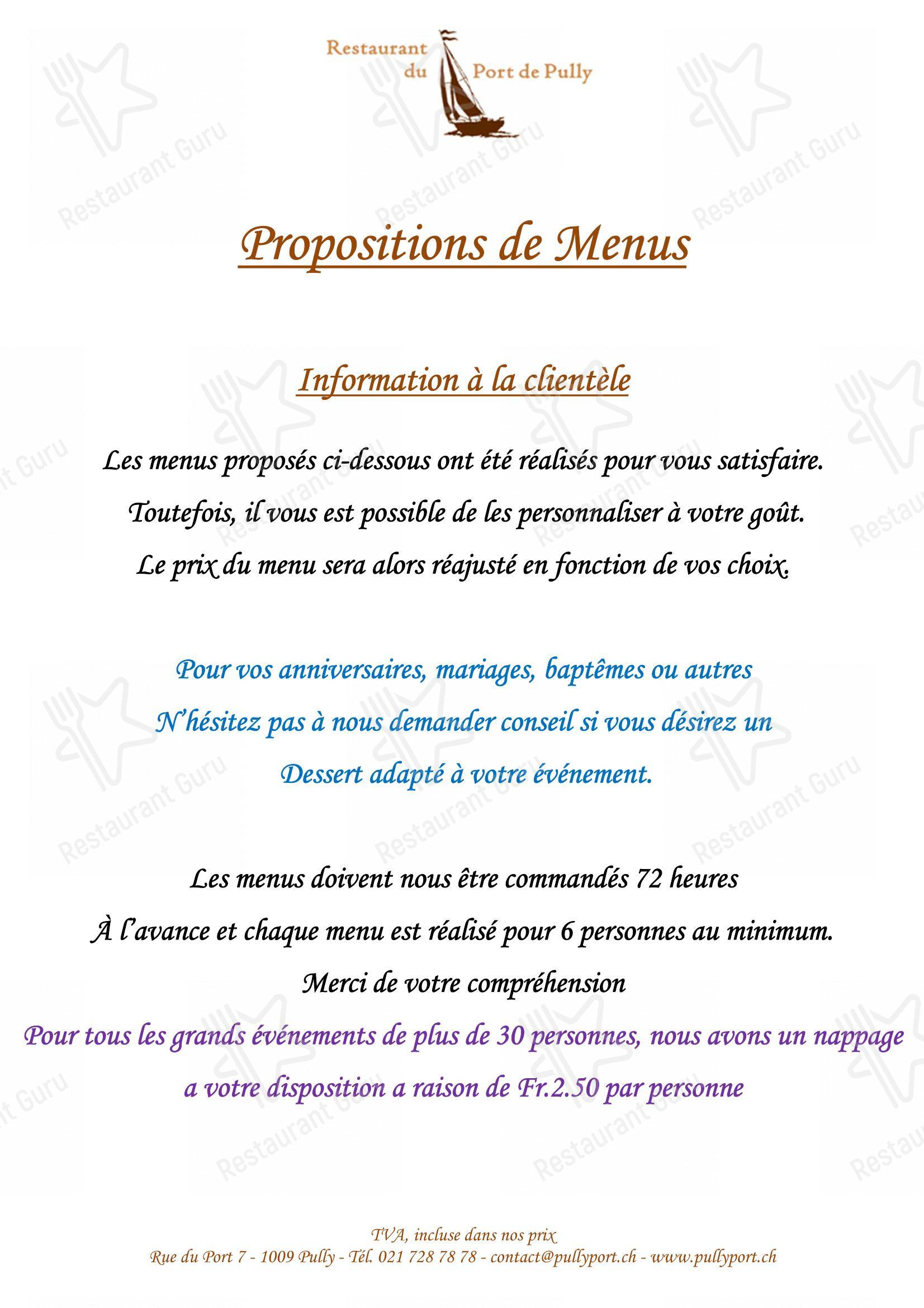 Takeaway Menu per Restaurant du Port de Pully in Pully