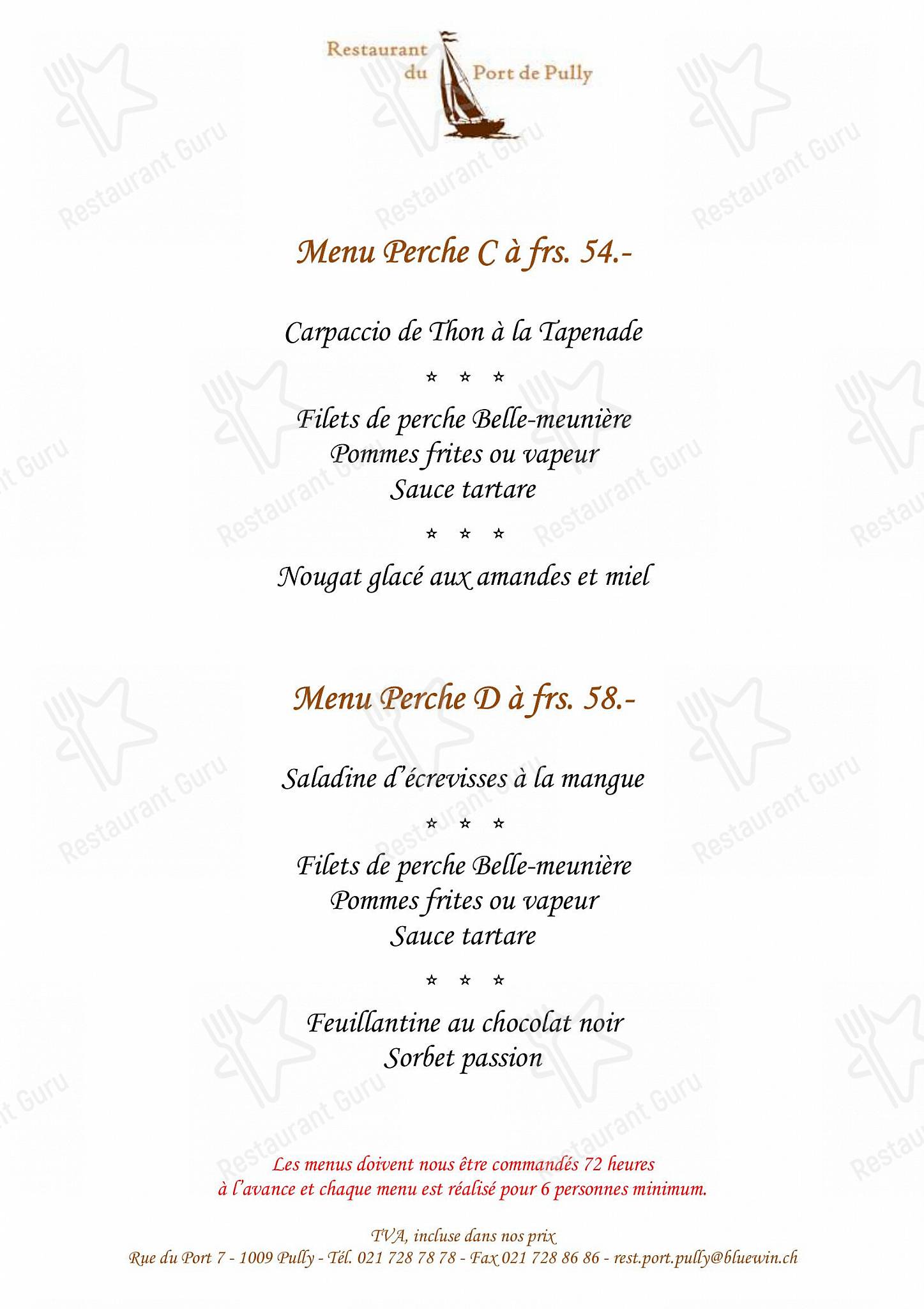 Restaurant du Port de Pully in Pully - Sunday Lunch Sample Menu