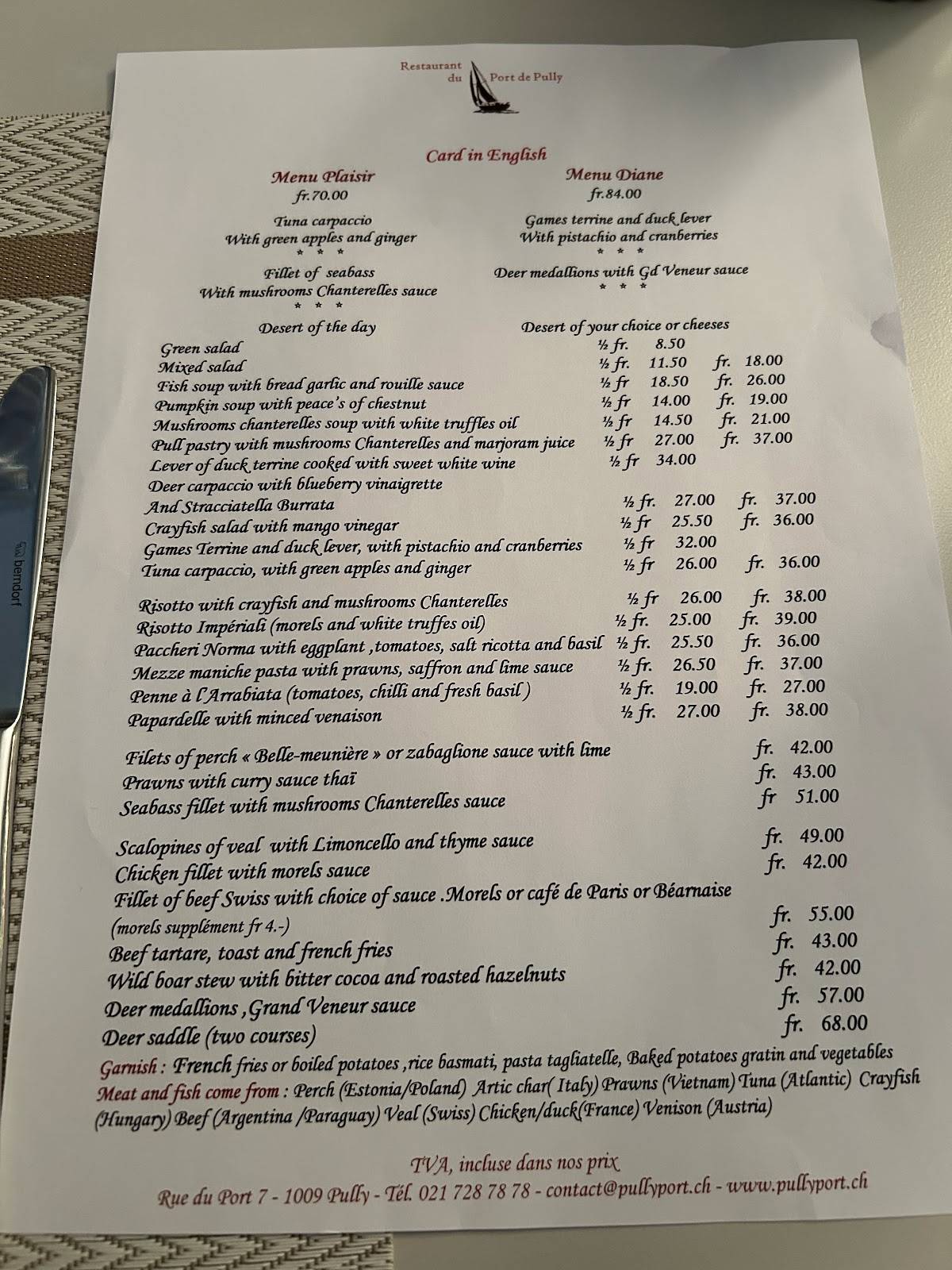 Menu di Restaurant du Port de Pully 
