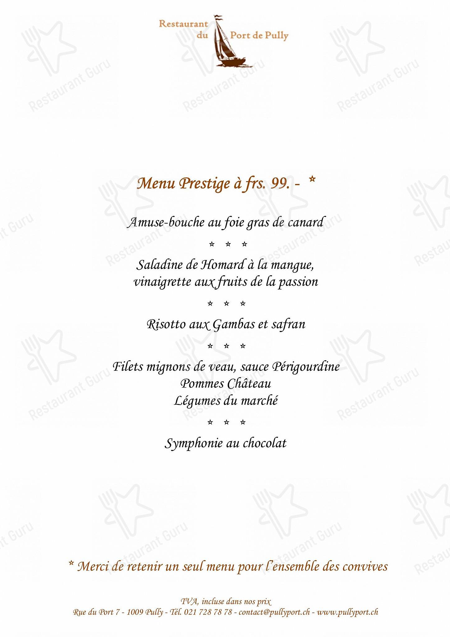 Restaurant du Port de Pully in Pully - Sunday Lunch Sample Menu