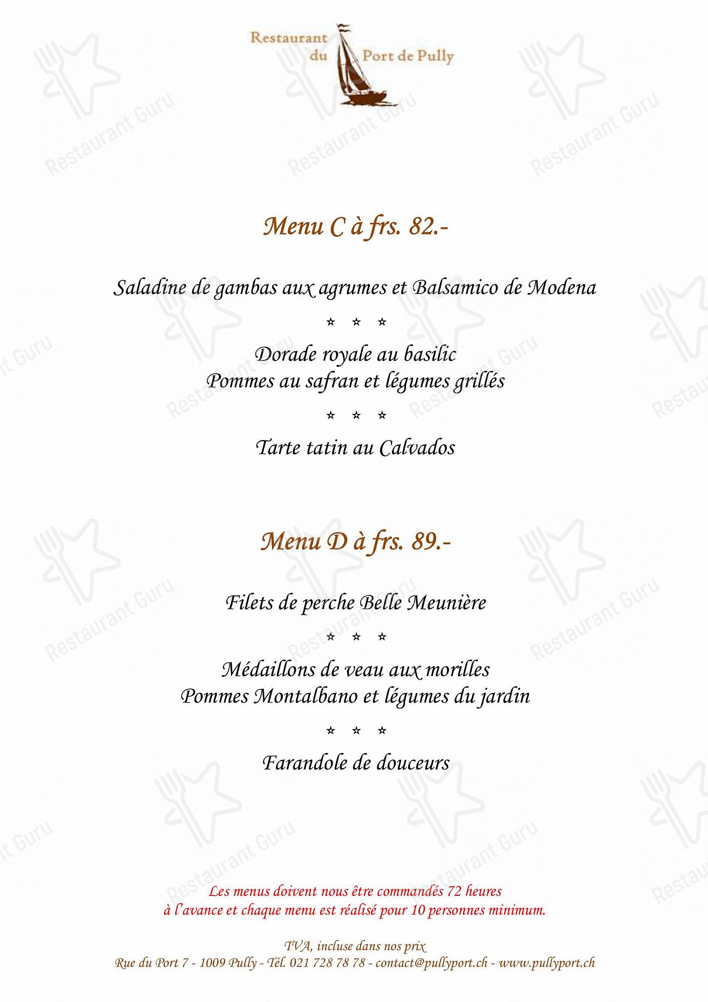 Menu di Restaurant du Port de Pully - Sunday Lunch Sample Menu