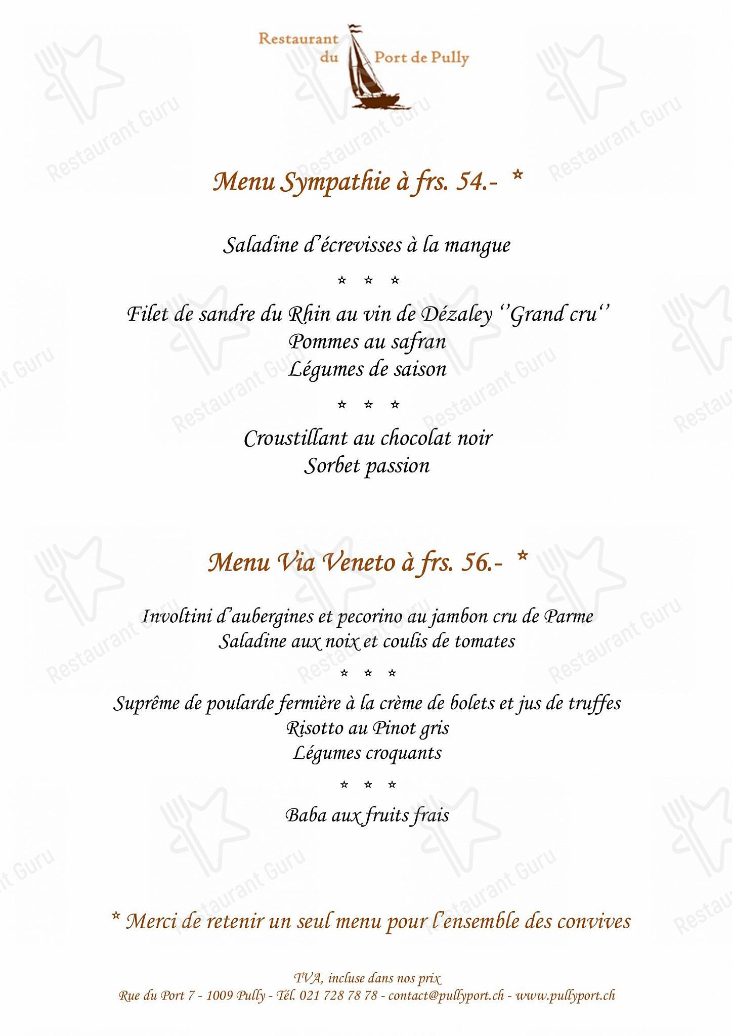 Sunday Lunch Sample Menu per Restaurant du Port de Pully in Pully