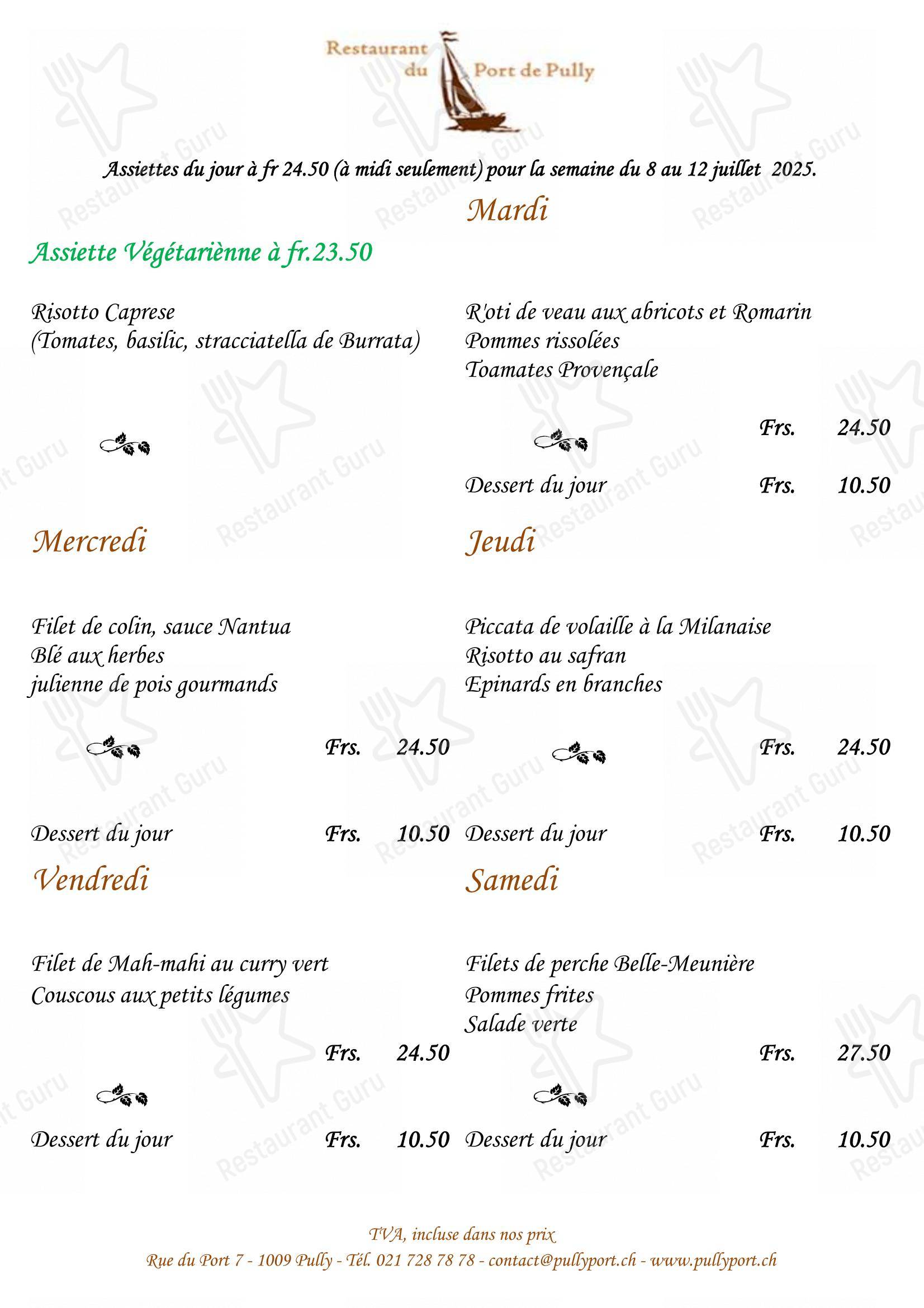Takeaway Menu per Restaurant du Port de Pully ristorante