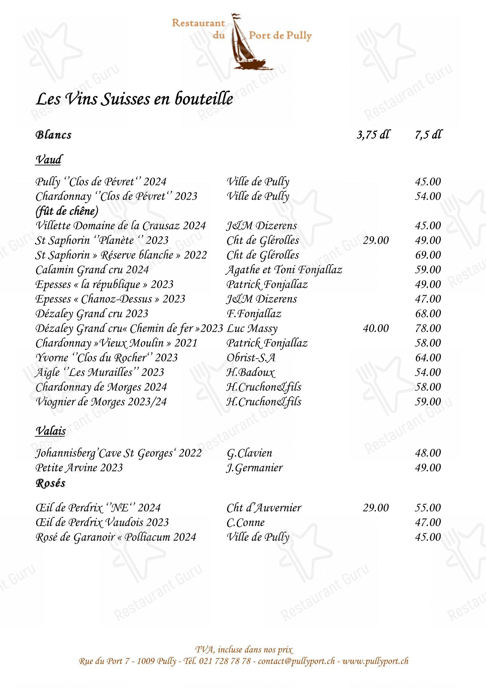 Menu di Restaurant du Port de Pully - piatti e bevande