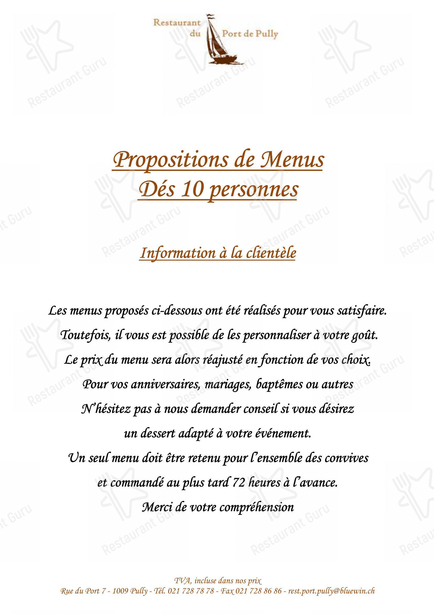 Menu di Restaurant du Port de Pully - Lunch Menu