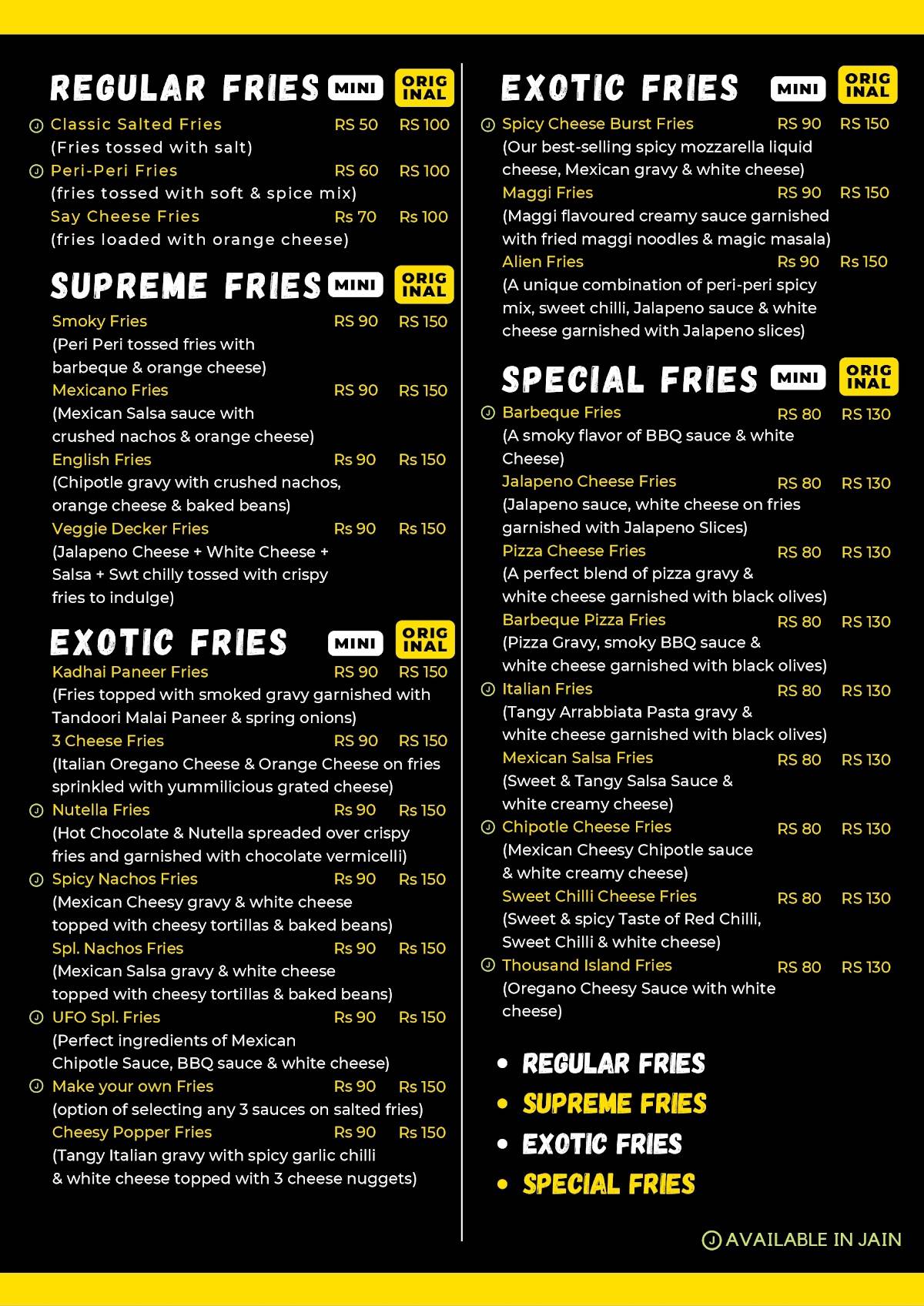 ufo Fries and Corn menu