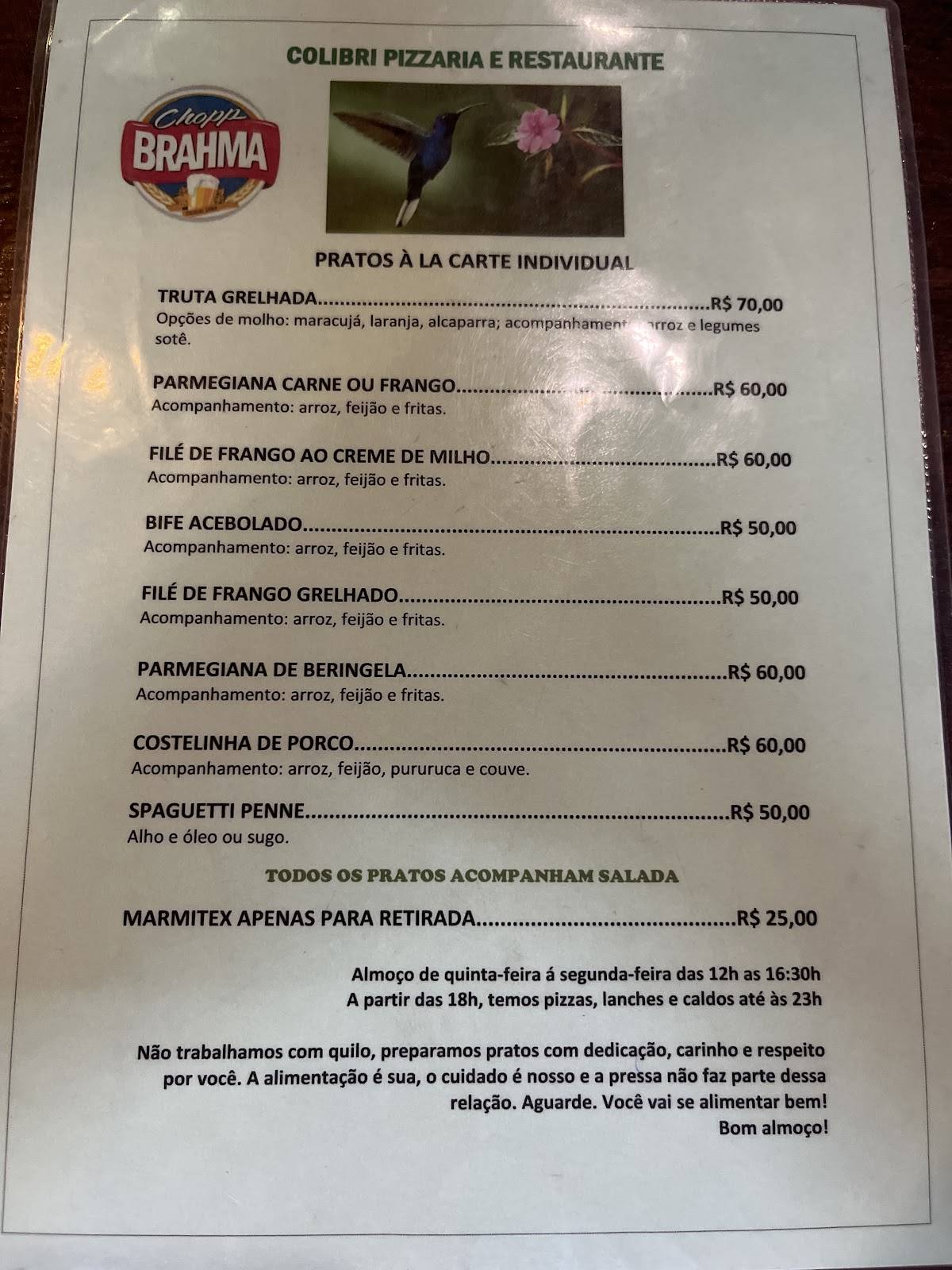 Colibri Pizzaria e Restaurante cardápio