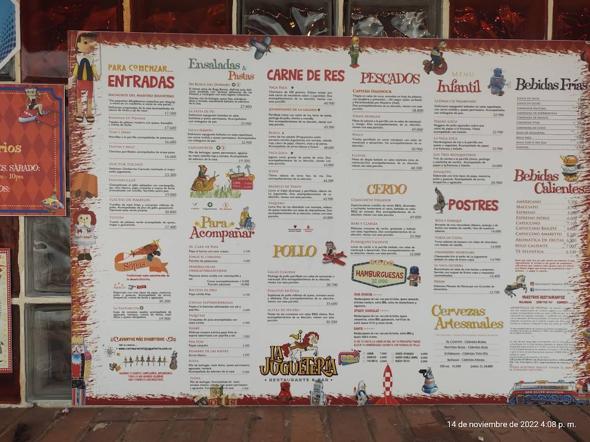 Carta de Restaurante Tematico La Jugueteria Kennedy Bogota