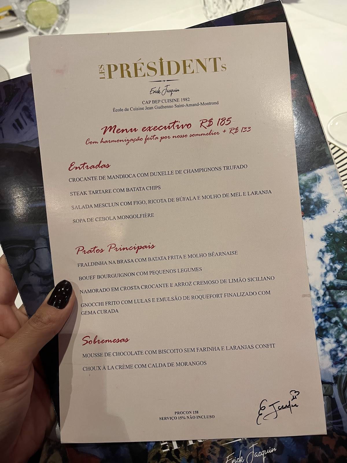 Restaurante Les Présidents - Erick Jacquin cardápio